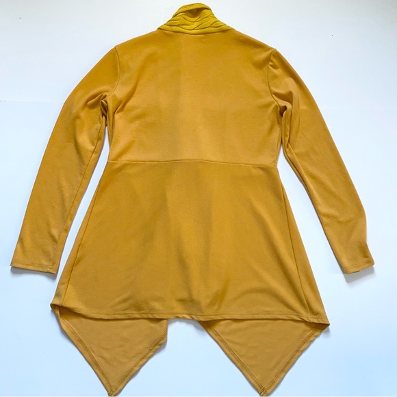 EUC DRESSFO CABLE COLLAR LONG TAPERED Mustard Gold CARDIGAN SWEATER w BUCKLE MED - Picture 2 of 12